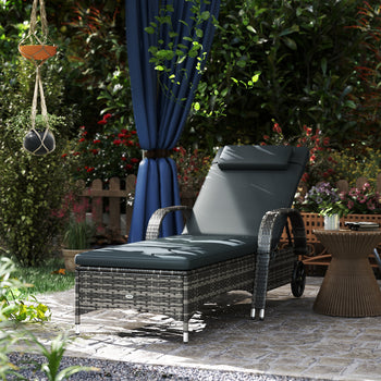 Outdoor Chaise Lounge, 5-Level Adjustable Backrest Rattan Pool Lounge Chair with Wheels, Cushion & Headrest, Black