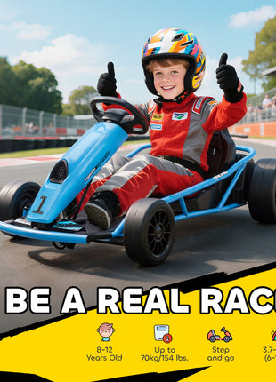 24V Electric Go Kart for Kids, Drift Ride-On Racing Go Kart with 2 Speeds, for Boys Girls Aged 8-12 Years Old, Blue