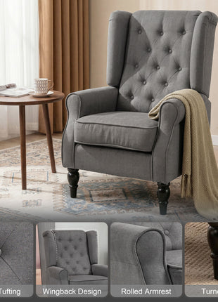 Wingback Accent Chair for Living Room, Button-Tufted Lounge Chair with Round Armrests and Wood Legs, Dark Gray