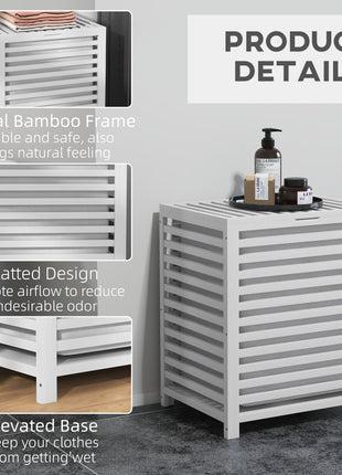 55 L Bamboo Laundry Basket with Lid, Cloth Hamper with Removable Liner Bag, 19.75 x 14.25 x 23.5 Inches, White