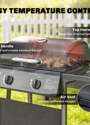 2 Burner Propane Gas Grill, 18000 BTU BBQ Grill with Wheels, Warming Rack, Shelf, Thermometer, Grease Cup, Black