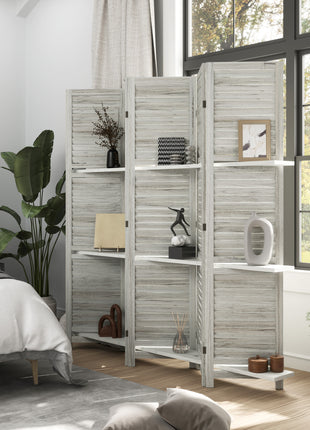 5 Panel 67" Tall Wood Privacy Screen Room Divider with 3 Shelves and Folding Storage for Bedroom, Distressed White