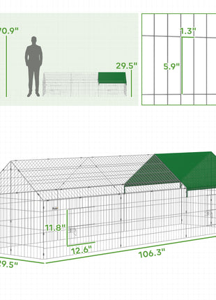 Metal Chicken Coop with Cover for Backyard Small Animals Duck Rabbit, 106" x 29.5" x 29.5", Green