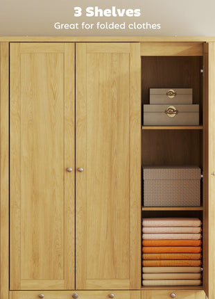 3 Doors Wardrobe Closet with 2 Drawers, Bedroom Armoire with Lockable Drawer, Hanging Rod and Storage Shelves, Natural