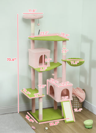 74" Flower Cat Tree, Large Cat Tower with Scratching Post & Board for Indoor Cats, Pink