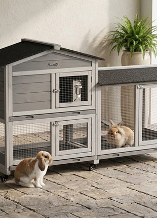 62" Wooden Mobile Rabbit Hutch with Wheels, Run Box, Slide-out Tray, Ramp