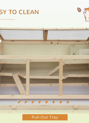 45" Extra Large Wooden Hamster Cage, 3-Layer Rat Cage with Opening Roof, PVC Window, Small Animal Habitat for Gerbil, Dwarf & Syrian Hamsters, Natural