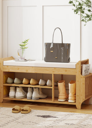 Shoe Bench with Cushioned Seat Shoe Storage Bench with Side Umbrella Holder for Entryway Natural and Cream