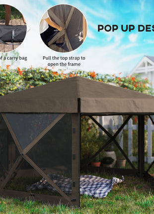 12' x 12' Hexagonal Pop Up Gazebo Canopy Tent with 5 Sidewalls, Outdoor Canopy Shelter with Carry Bag, Brown
