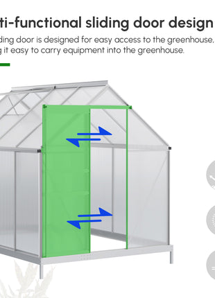 8' x 6' Aluminum Outdoor Greenhouse, Polycarbonate Walk-in Garden Greenhouse Kit with Adjustable Roof Vent, Rain Gutter and Sliding Door for Winter, Silver