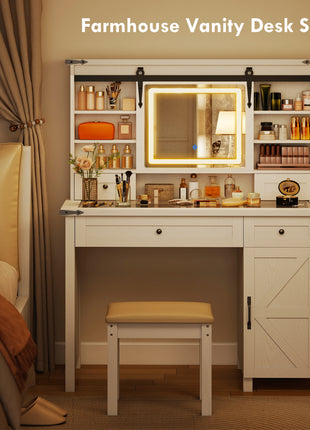 Vanity Desk Set with Mirror and Lights, Cushioned Stool, Storage Drawer, Cabinet, Shelves for Bedroom, White