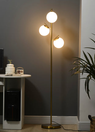Modern 3-Light Floor Lamp for Living Room, Tree Standing Lamp with Globe Lampshades, 10.75"x10.75"x66.5", Gold