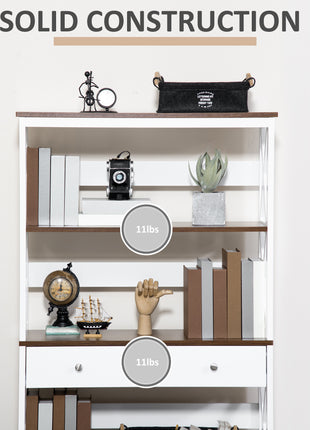 4-Tier Shelving Bookcase Storage Cupboard with Pull Out Drawer, and Wooden Frame with X Bar Stability, White