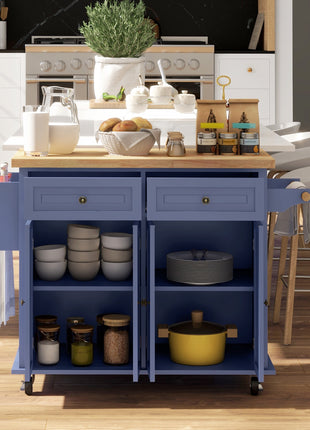 Kitchen Island on Wheels, Rolling Cart with Rubberwood Top, Spice Rack, Towel Rack and Drawers, Navy Blue