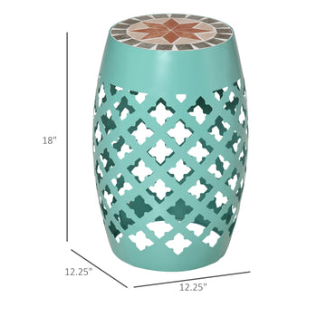 Decorative Outdoor Stool, 12" Round Patio Side Table, Mosaic Accent Plant Stand for Garden, Balcony, Blue