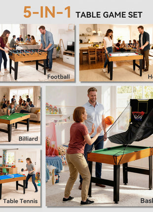 5-in-1 Multi Game Table, 53" Combo Table with Foosball, Pool, Ping Pong, Ice Hockey & Basketball, Game Room Sports Set
