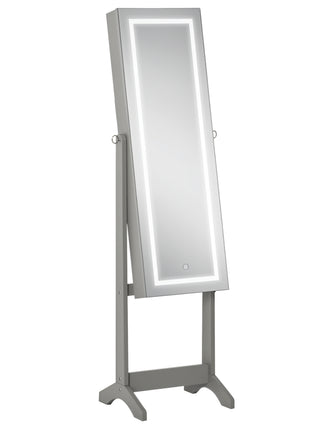 Floor Standing Jewelry Cabinet with LED Light, Lockable Jewelry Organizer with Full-Length Mirror, and 4 Adjustable Angles, Grey