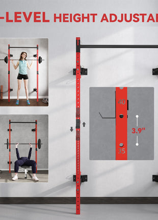 Folding Squat Rack with Pull Up Bar, Wall Mounted and Adjustable, 1000 Pounds Capacity Power Rack, Red