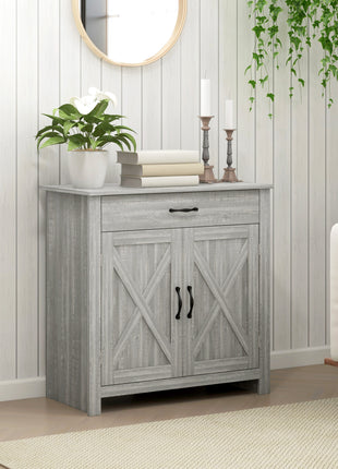 Farmhouse Sideboard Cabinet with Barn Doors Kitchen Buffet Cabinet with Drawer and Adjustable Shelf Stone Gray