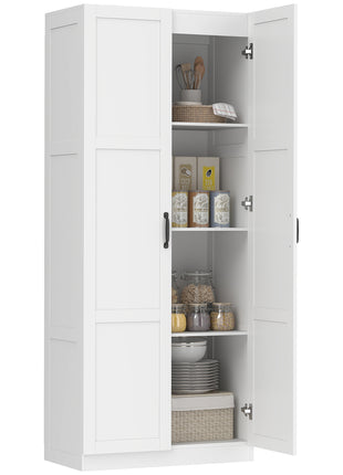 Farmhouse Pantry Cabinet, 71" Tall Kitchen Pantry Storage Cabinet with Soft-Close Hinges, Adjustable Shelves, White