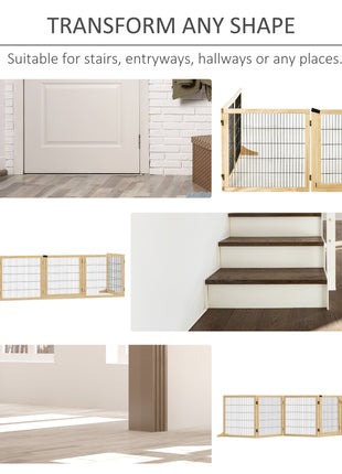 Wooden Pet Gate, 6-Panel Folding Dog Safety Barrier with Support Feet for Small & Medium Dogs, Natural Wood