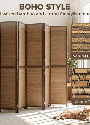 Room Divider, 6 Panel Folding Privacy Screen, 6 FT Tall Hand-Woven Bamboo Wall Partition, Brown