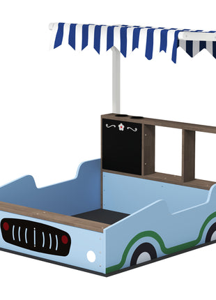 Kids Wooden Sandbox with Canopy with Bench Seats, Bottom Liner, Drawing Board, Planting Boxes for Backyard, Garden, Blue