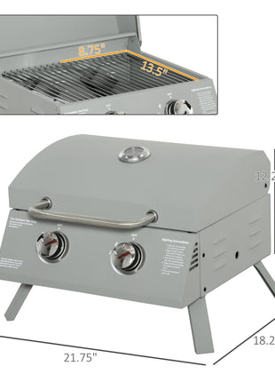 2 Burner Folding Tabletop Gas BBQ Grill w/ Lid, Thermometer, Carbon Steel, Gray