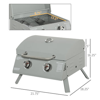 2 Burner Folding Tabletop Gas BBQ Grill w/ Lid, Thermometer, Carbon Steel, Gray