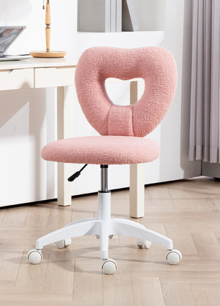 Armless Computer Desk Chair, Office Task Chair, Teddy Fleece Heart Makeup Vanity Chair with Swivel Wheels, Pink