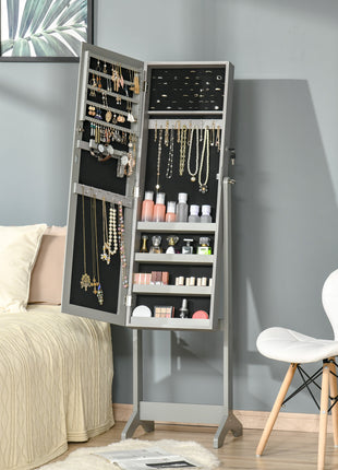 60" Full-Length Mirror Jewelry Storage Armoire w/ Lockable Door & Key, Gray
