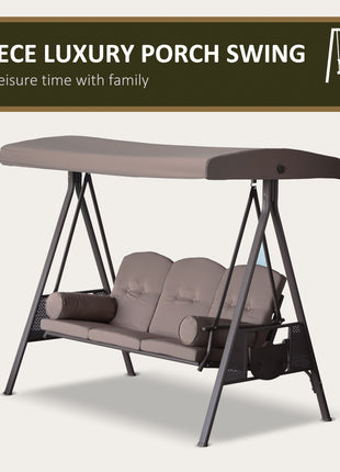 3-Seat Patio Swing Chair, Outdoor Porch Swing Glider with Adjustable Canopy, Removable Cushion, Pillows and Side Trays, for Garden, Poolside, Backyard, Brown