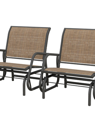 2 Pieces Outdoor Glider Chair, Steel Swing Chai with Curved Armrests for Porch, Garden, Poolside, Balcony, Mixed Brown