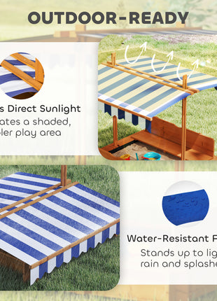 Wooden Kids Sandbox with Cover, Children Outdoor Sand Box with Foldable Bench Seats and Adjustable Canopy, Brown