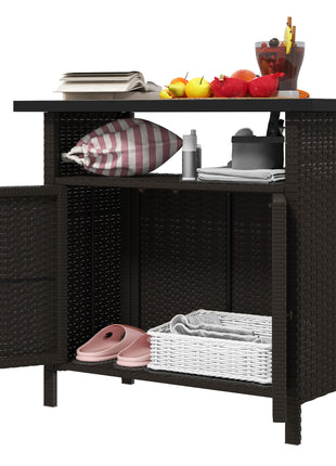 Wicker Outdoor Storage Cabinet with Two Doors and Shelf for Outdoor Pool Towel Storage, Dark Coffee