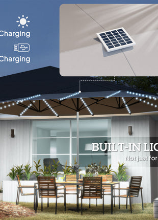 15ft Double-Sided Outdoor Umbrella with Solar Lights, UPF50+ Extra Large Aluminum Patio Umbrella with Crank, Dark Gray