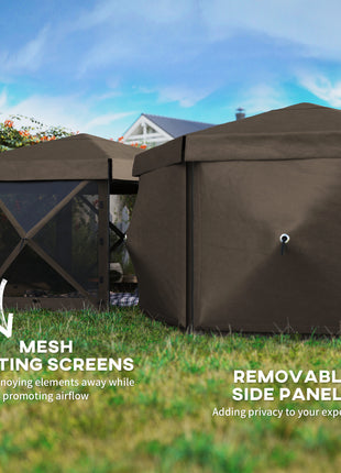 12' x 12' Hexagonal Pop Up Gazebo Canopy Tent with 5 Sidewalls, Outdoor Canopy Shelter with Carry Bag, Brown