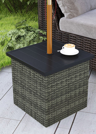Wicker Side Table with 1.5" Umbrella Hole, Square Outdoor End Table with UV-Resistant Frame, Storage Space, Mixed-Gray