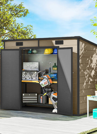 8' x 4' Plastic Outdoor Storage Shed with Floor, Window, Lockable Doors and Vents for Backyard Patio Lawn, Light Brown