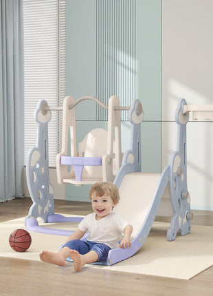4 in 1 Toddler Slide and Swing Set for Ages 1.5-4, Toddler Playset Playground with Climber, Basketball Hoop, Light Blue
