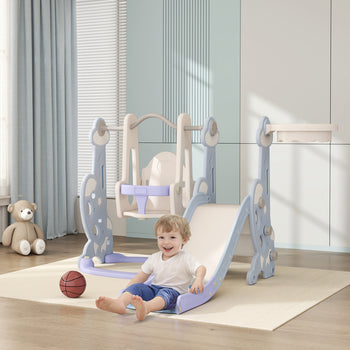 4 in 1 Toddler Slide and Swing Set for Ages 1.5-4, Toddler Playset Playground with Climber, Basketball Hoop, Light Blue