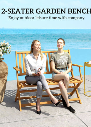 2-Person Foldable Wood Outdoor Bench with Backrest and Armrests for Garden, Porch, Park, Balcony, Teak