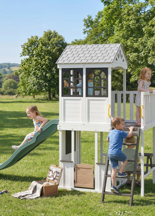 Two-Story Outdoor Playhouse, Wooden Kids Playhouse with Slide, Table & Bench, Play Kitchen, Ladder, Blackboard, White