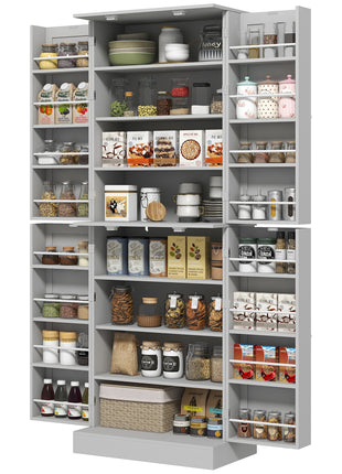 65" Kitchen Cabinet, Kitchen Pantry Cabinet with 4 Doors and 16 Door Shelves for Dining Room, Gray