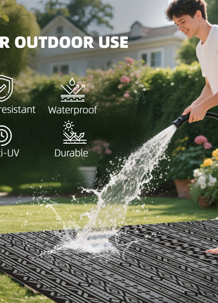 Reversible Outdoor Rug, Waterproof Plastic Straw with Carry Bag, 9' x 18', Black & Gray Geometric Wall