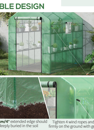 7' x 5' x 6' Walk-in Greenhouse for Outdoors with Mesh Door and Windows, 18 Shelf Hot House with Trellis, Plant Labels, UV Protective for Growing Flowers, Herbs, Vegetables, Saplings, Green