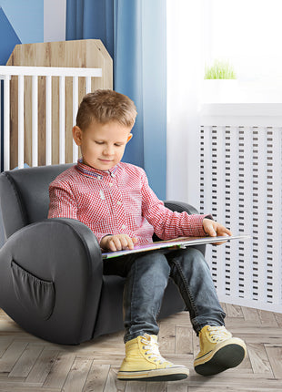 Kids Sofa Rocking Chair with Side Pocket, PU Leather Toddler Armchair for Children Grey