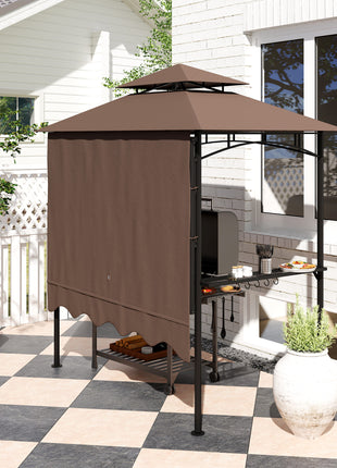 8' x 7.6' Outdoor Grill Gazebo, Barbecue Gazebo Shelter with Side Awning, 2 Side Shelves and 6 Hooks, Brown