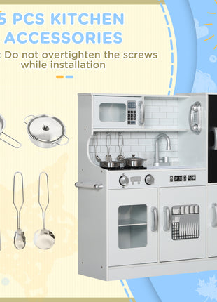Pretend Play Kitchen, Kids Kitchen Playset with Play Phone, Chalkboard, Towel Rack & Ice Maker for 3-8 Years White