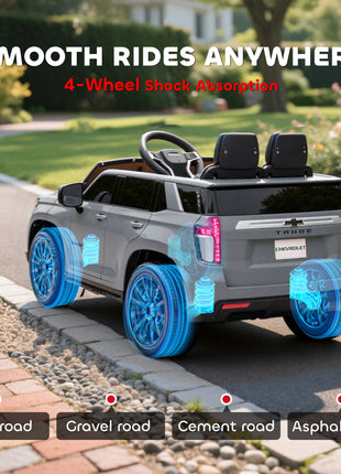 Licensed Chevrolet Tahoe Ride On Car, 12V 7AH Battery Power Ride On Toy with Parent Remote Control, LED Lights, Music, 4 Wheeler Suspension, 3 Speeds, Kids Electric Vehicle for Aged 3+, Gray